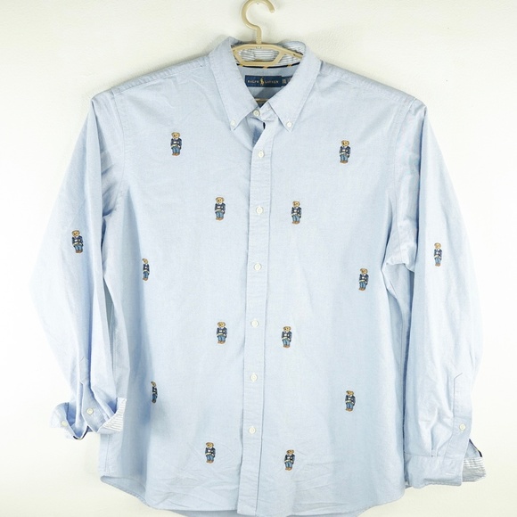 Polo Ralph Lauren Men/'s Blue Classic Fit All Over Embroidered Button Down Shirt